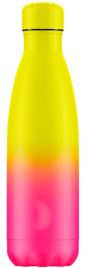 Neonfarbige Chillys Trinkflasche mit Farbverlauf von Gelb zu Orange zu Pink.