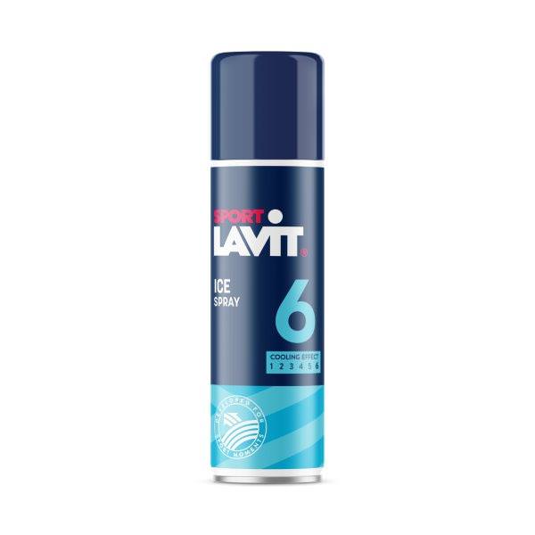 Eine blaue Dose Sport-Lavit Eis-Spray mit Schrift, Ziffer 6 und blau-weißen Streifen.