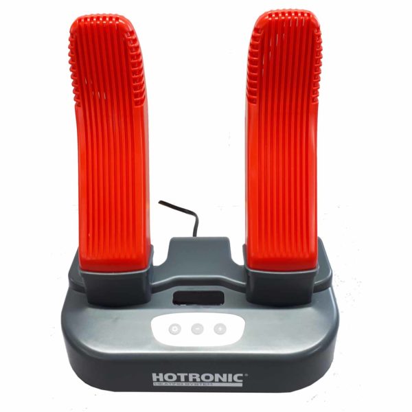 Schuhtrockner "Tech Dry" mit zwei roten Trocknungsarmen und grauem Sockel mit Bedienelementen.
