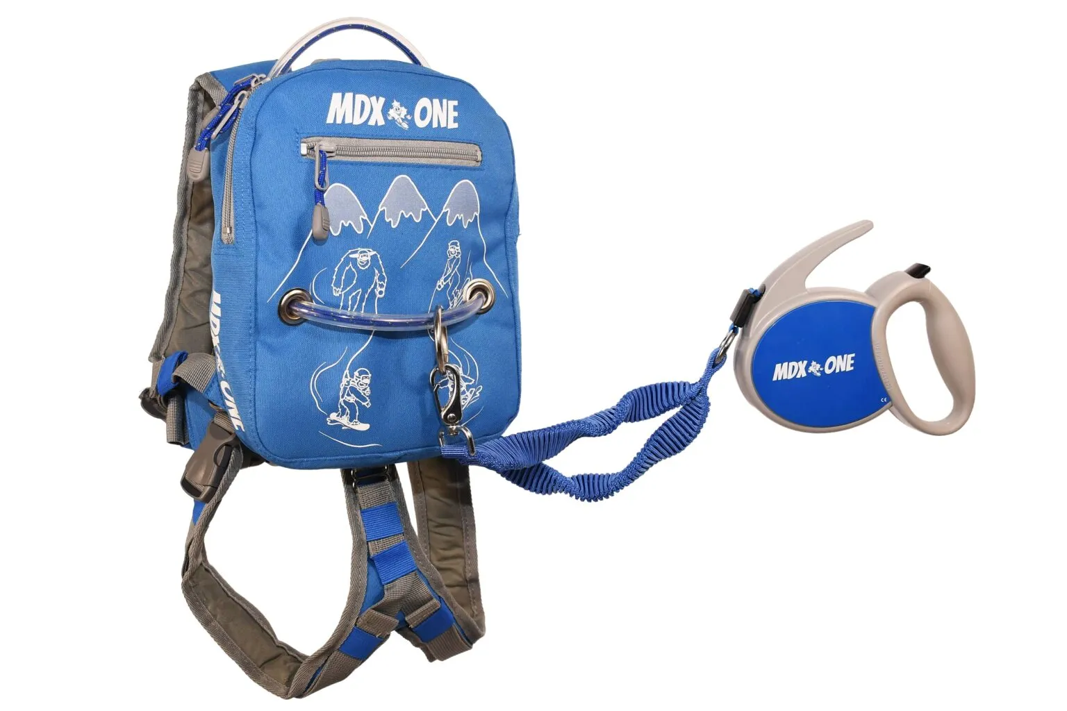 Blue rucksack with snow motif and dog lead against a white background.