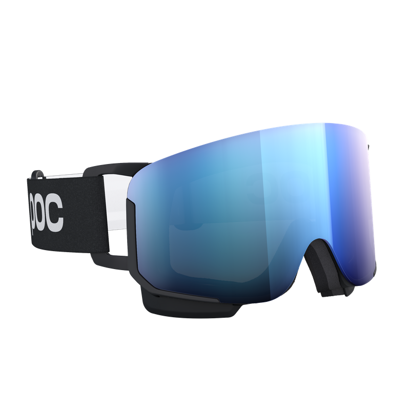 Skibrille mit schwarzem Rahmen und blau verspiegelter Linse, das Band ist schwarz mit weißen POC Buchstaben.