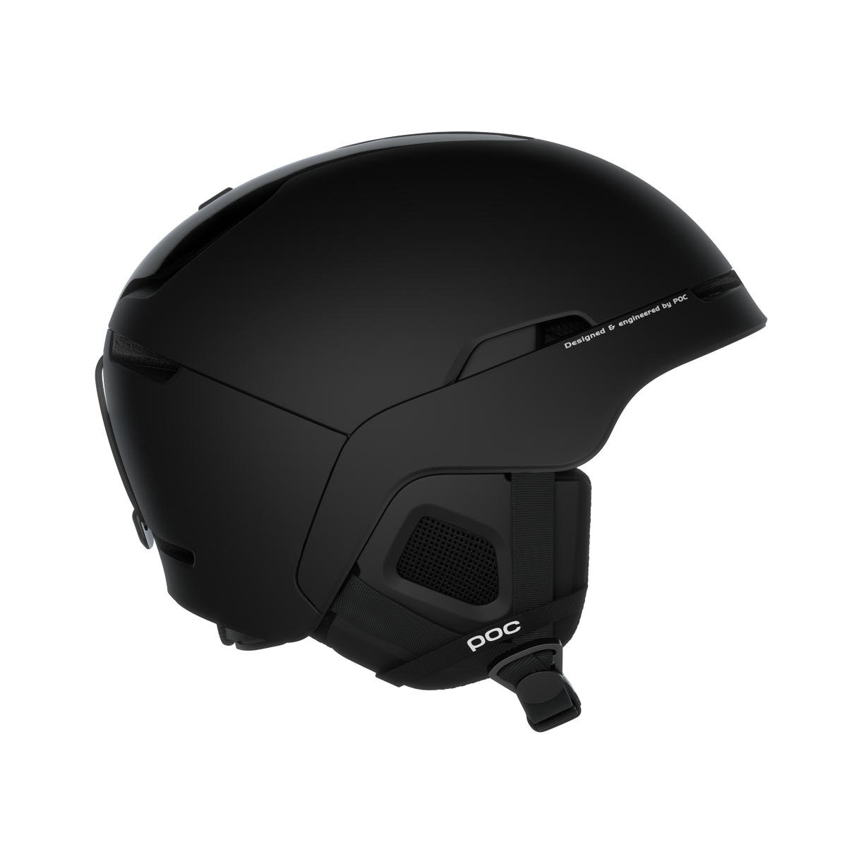 Casque de ski noir "Poc Obex Mips" vu de côté, avec coussinets d'oreilles et lanières. La surface est mate.