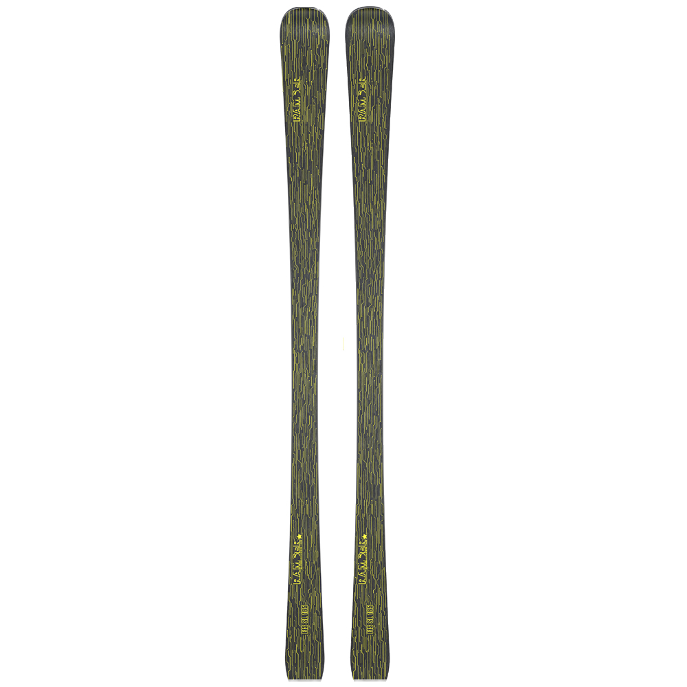 Ski Ramser FIS SL, paarweise, von oben, mit dunklem Muster und gelbem Schriftzug, im Onlineshop vor neutralem Hintergrund.
