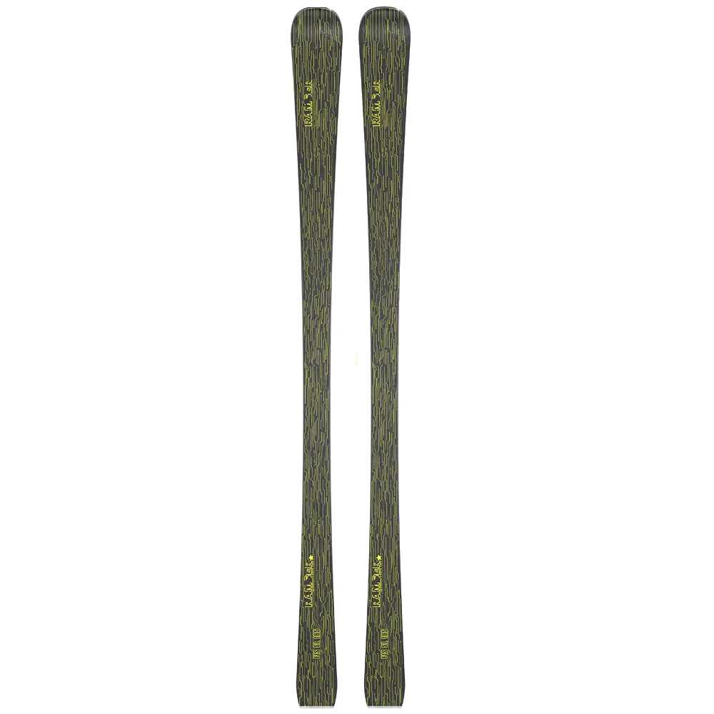 Ski Ramser FIS SL, in pairs, from above, with dark pattern and yellow lettering, in the online store against a neutral background.
