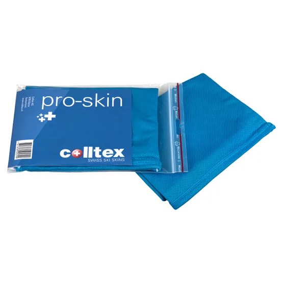 Verpackter, blauer Colltex Skifell Strumpf Pro-Skin, Textaufdruck und Produktinformationen.