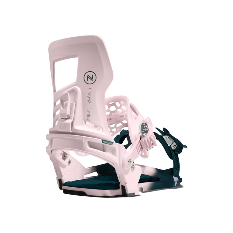 Rosa Nidecker Kaon Snowboard Bindung, Seitenansicht, mit dunkelgrünen Akzenten.
