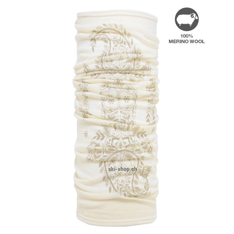 Wool Buff Schlauchtuch Cremefarbenes, gerafftes Wool Buff Schlauchtuch mit braunem, floralem Udaipur Muster.