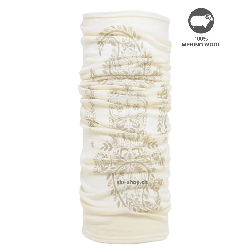 Cremefarbenes, gerafftes Wool Buff Schlauchtuch mit braunem, floralem Udaipur Muster.