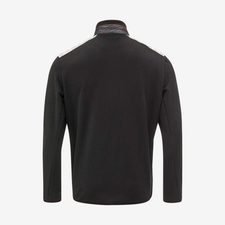Vue arrière d'un midlayer de ski Porsche noir pour hommes avec des accents blancs sur les épaules.
