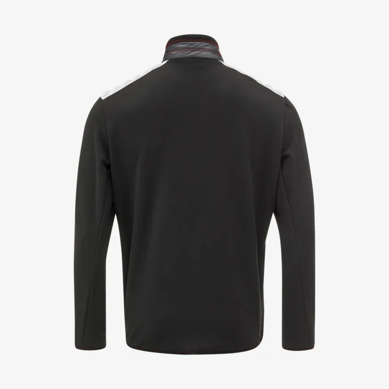Vista posteriore di un midlayer da sci Porsche nero per uomo con accenti bianchi sulle spalle.