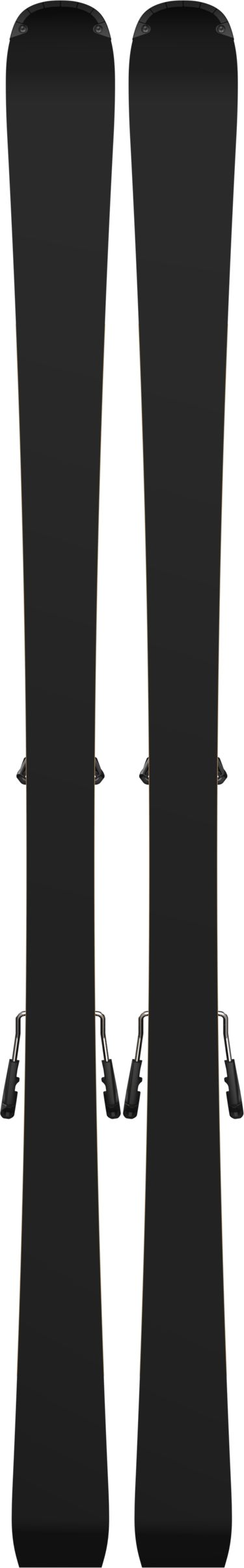 Zwei schwarze Skier mit Bindungen stehen nebeneinander vor einem weißen Hintergrund.