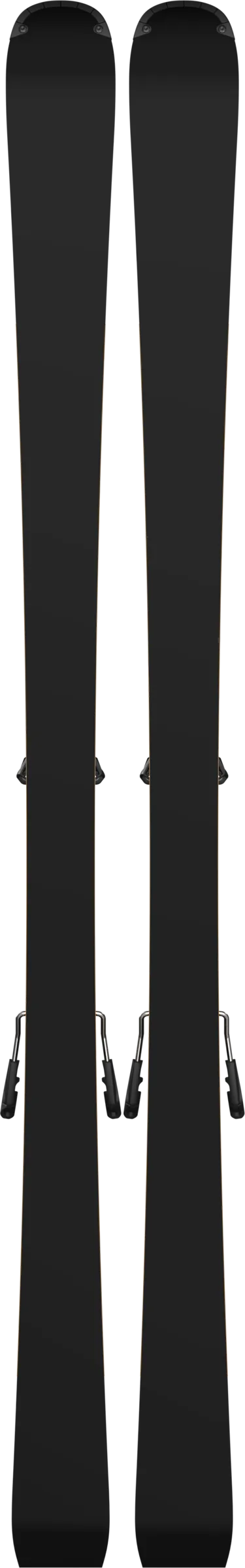 Two black skis with bindings stand next to each other against a white background.
