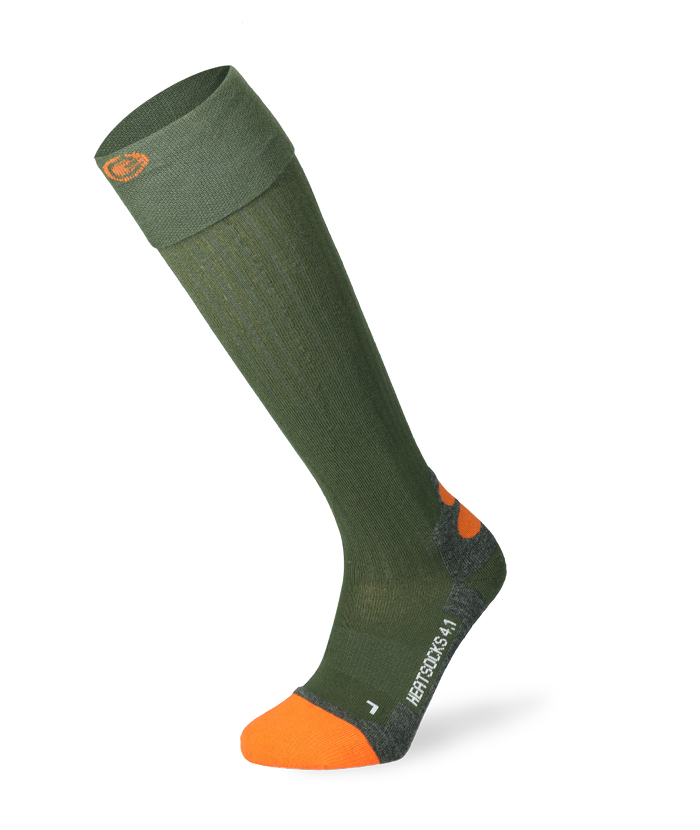 Lenz Heat Sock 4.1 Une Lenz Heat Sock 4.1 longue et verte avec un embout orange et une ceinture retournée.