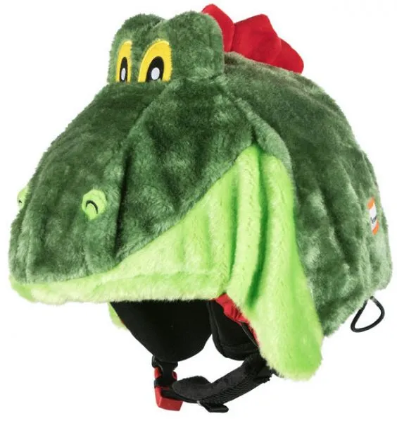 Ski helmet with green dino Hoxyheads cover, red spikes and yellow eyes.
