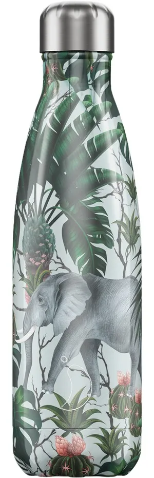 Trinkflasche mit Tropenmuster: Elefant, Blätter, Ananas, Kaktus und silbernem Deckel.