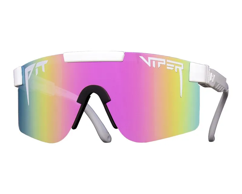 Occhiali da sole Pit Viper bianchi con lenti color arcobaleno sul frontale.