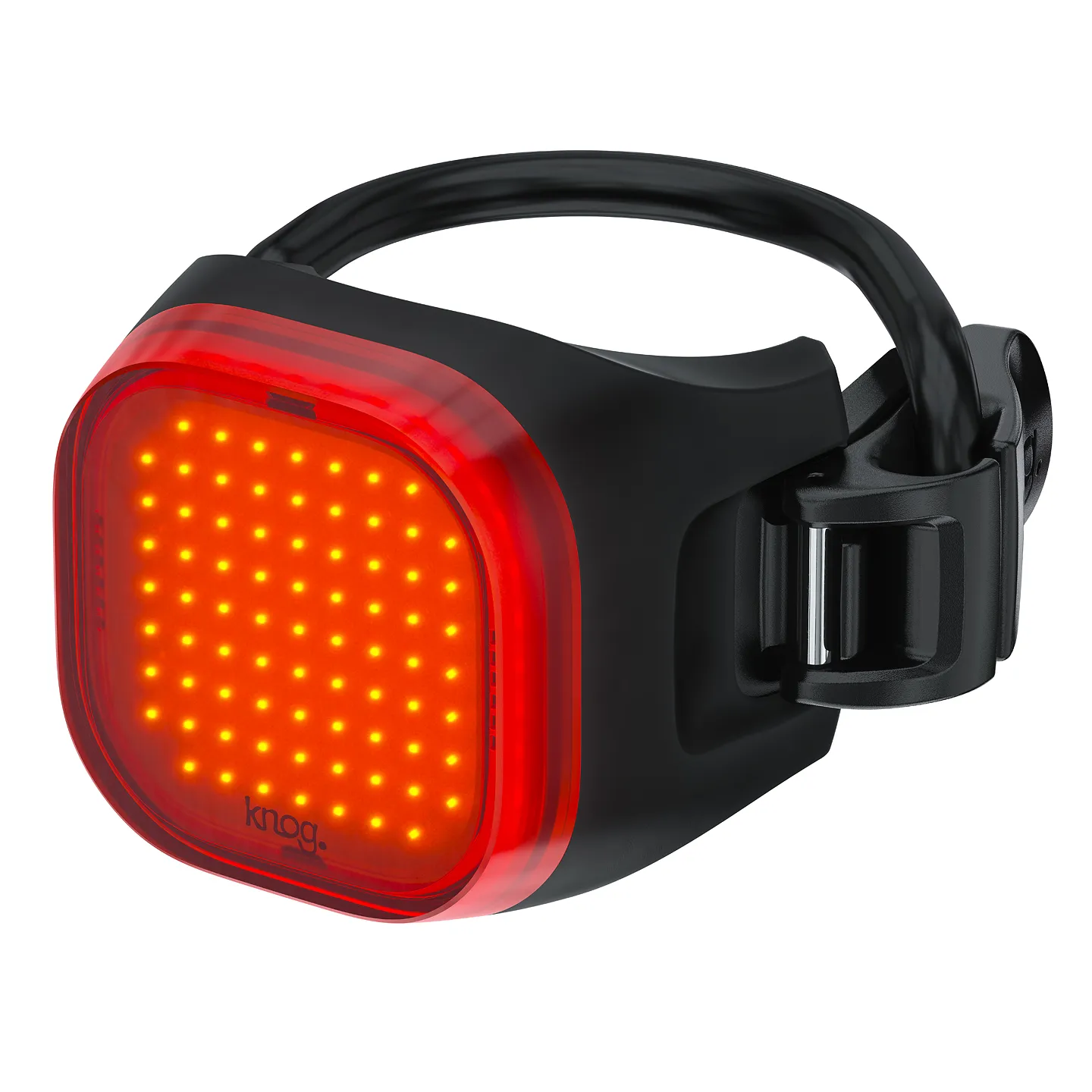 Gros plan : feu arrière noir Mini Skull avec champ lumineux rouge, fixé sur un support noir.
