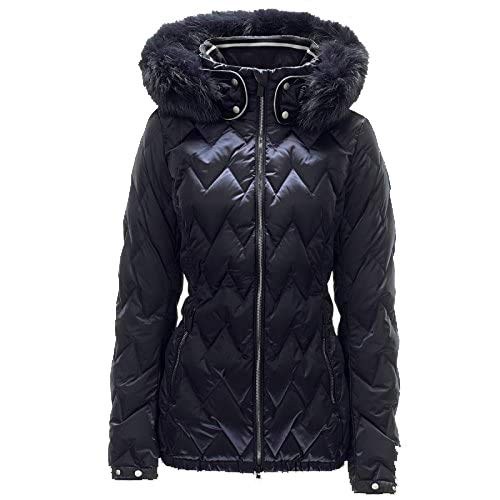 Blaue Daunenjacke mit Pelz Blaue Daunenjacke von Toni Sailer mit Zickzack-Steppung und abnehmbarer Kapuze mit Pelzbesatz.
