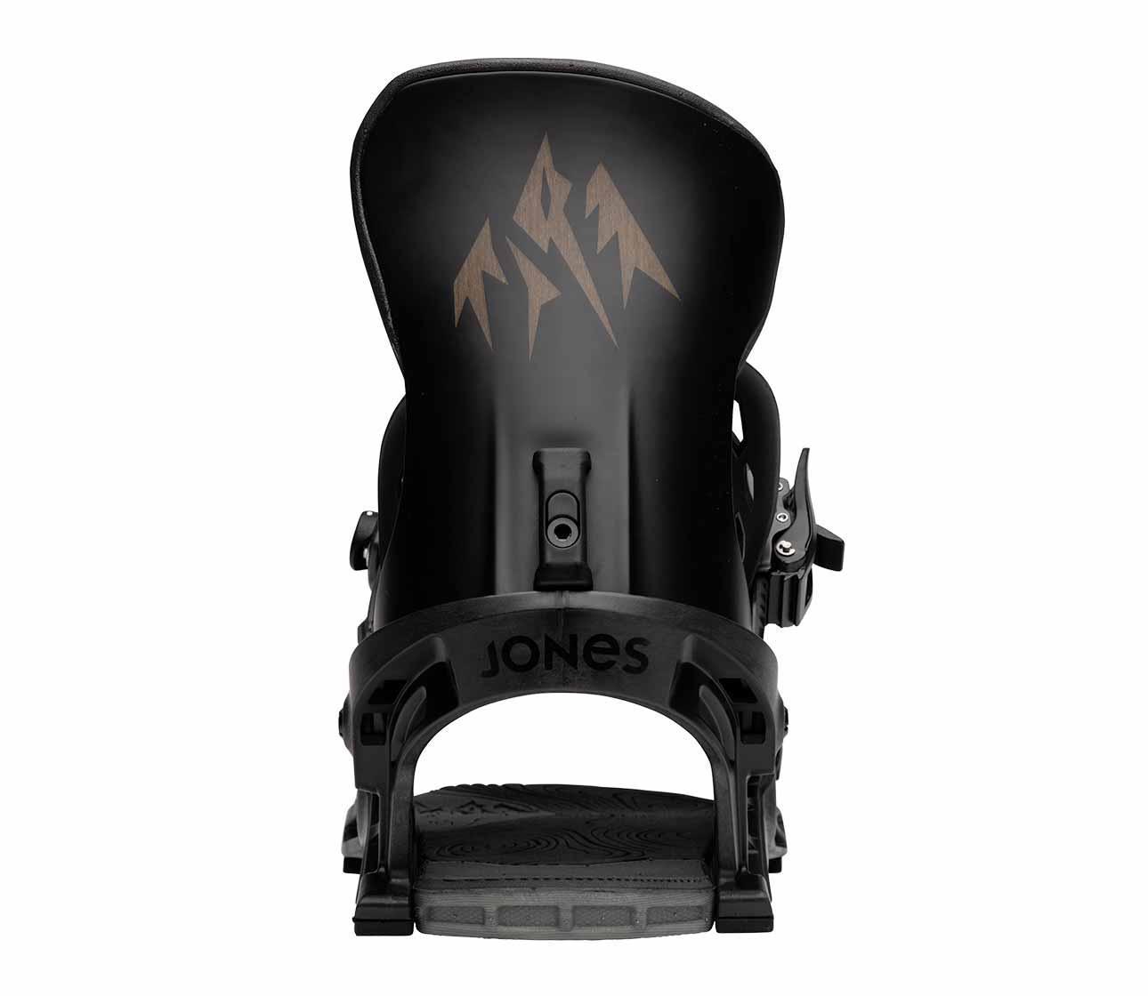 Jones Apollo Pro binding Black snowboard binding Jones Apollo Pro from behind, with brown mountain logo on the highback.