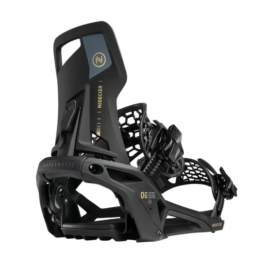 Black snowboard binding from the brand Nidecker with a futuristic design and honeycomb structure.