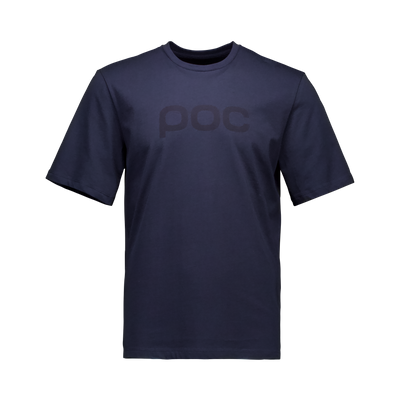 Ein marineblaues T-Shirt mit kurzen Ärmeln und dem "POC"-Logo auf der Brust.