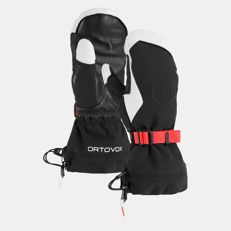 Guanti da freeride Ortovox Merino neri da donna con pelle bianca, cinturino rosso e coulisse.