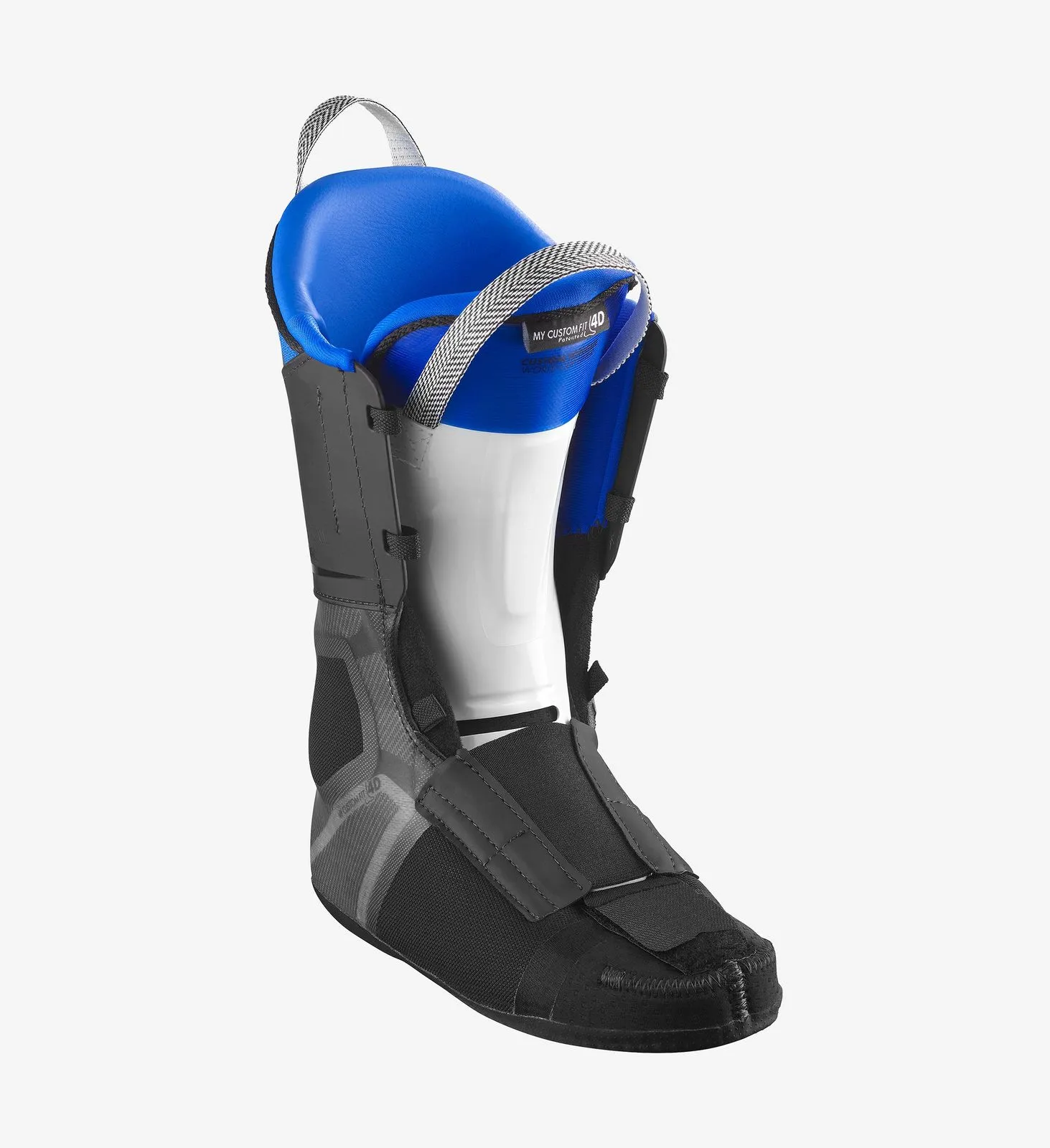 Intérieur de la chaussure de ski Salomon S/PRO ALPHA 130 avec chausson bleu et coque extérieure noire.