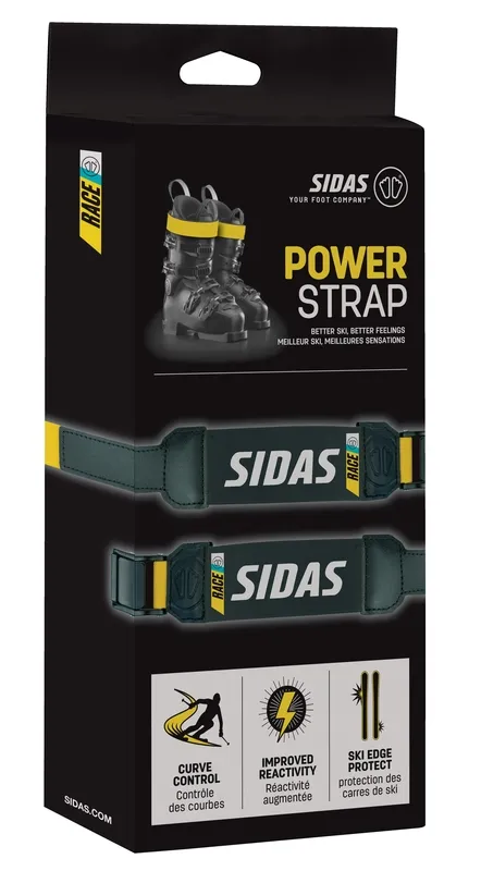Packaging of the Sidas Power Straps for skis, with ski boots and the strap itself.