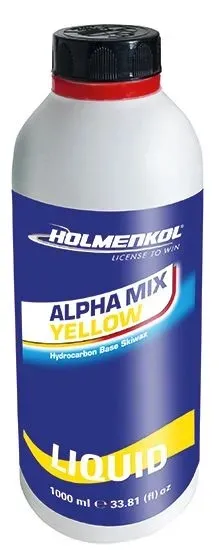 Holmenkol 's white bottle of Alpha Mix Yellow liquid ski wax. The blue label displays the brand name, the product name "Hydrocarbon Base Skiwax," and the volume of 1000 ml. The bottle has a black cap and a red ring.