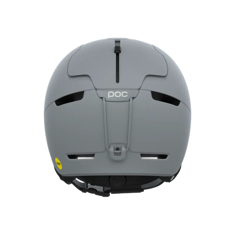 Rear view of the gray POC Obex MIPS ski helmet with MIPS sticker and ventilation.