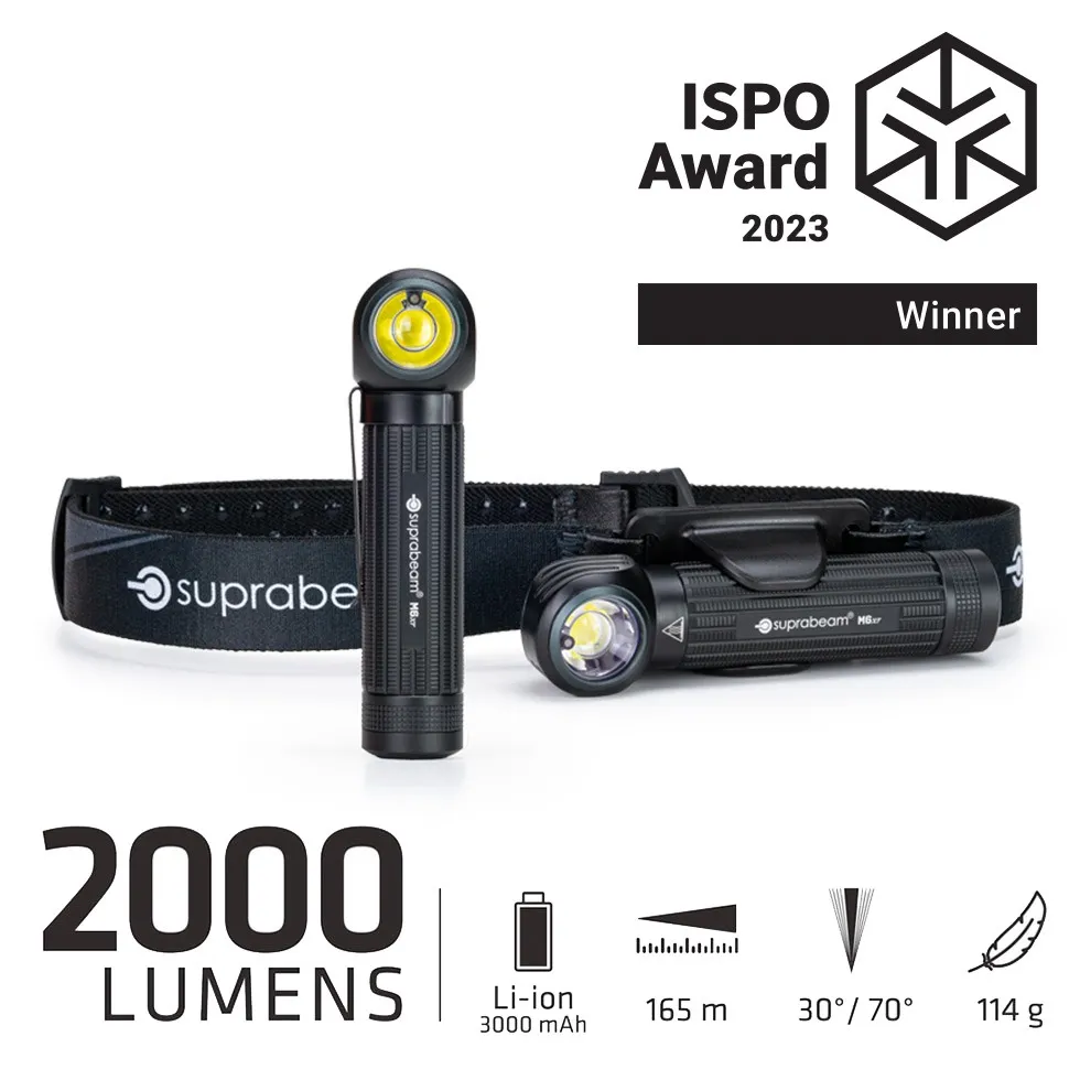 Suprabeam Multilampe M6xr, comme lampe frontale et lampe à main avec bandeau, ISPO Award 2023, données techniques.