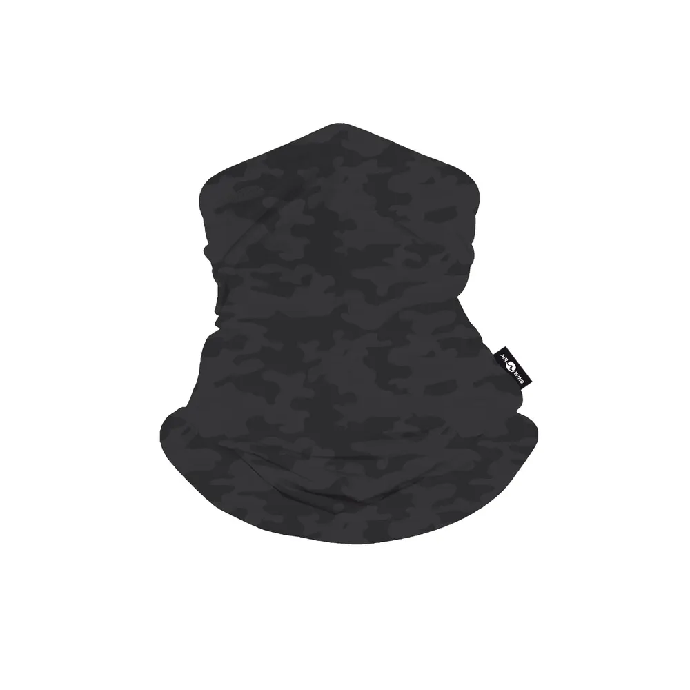 A gray, tubular masked scarf with a camouflage pattern is set against a white background.