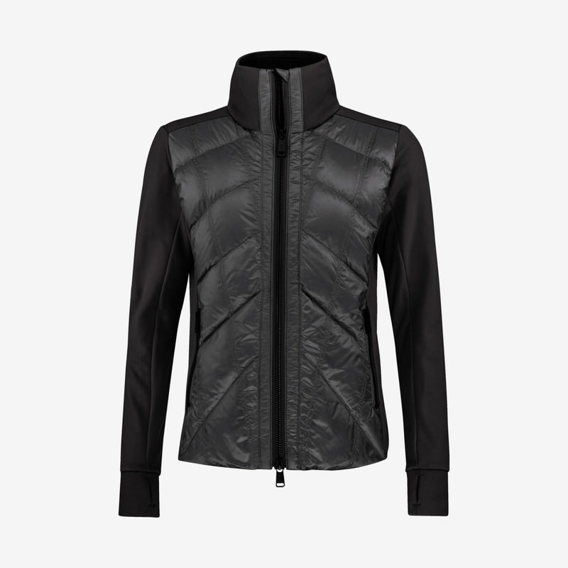 Schwarze Carina Midlayer Jacke für Damen, gesteppte Front, durchgehender Reißverschluss, Ärmel aus Power-Stretch-Material.