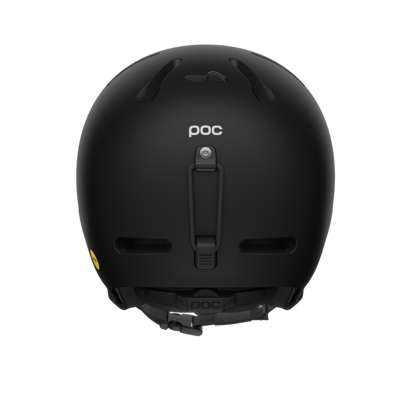 Schwarzer Skihelm von hinten mit POC-Logo und Belüftungsöffnungen, sowie einem Größenverstellsystem.