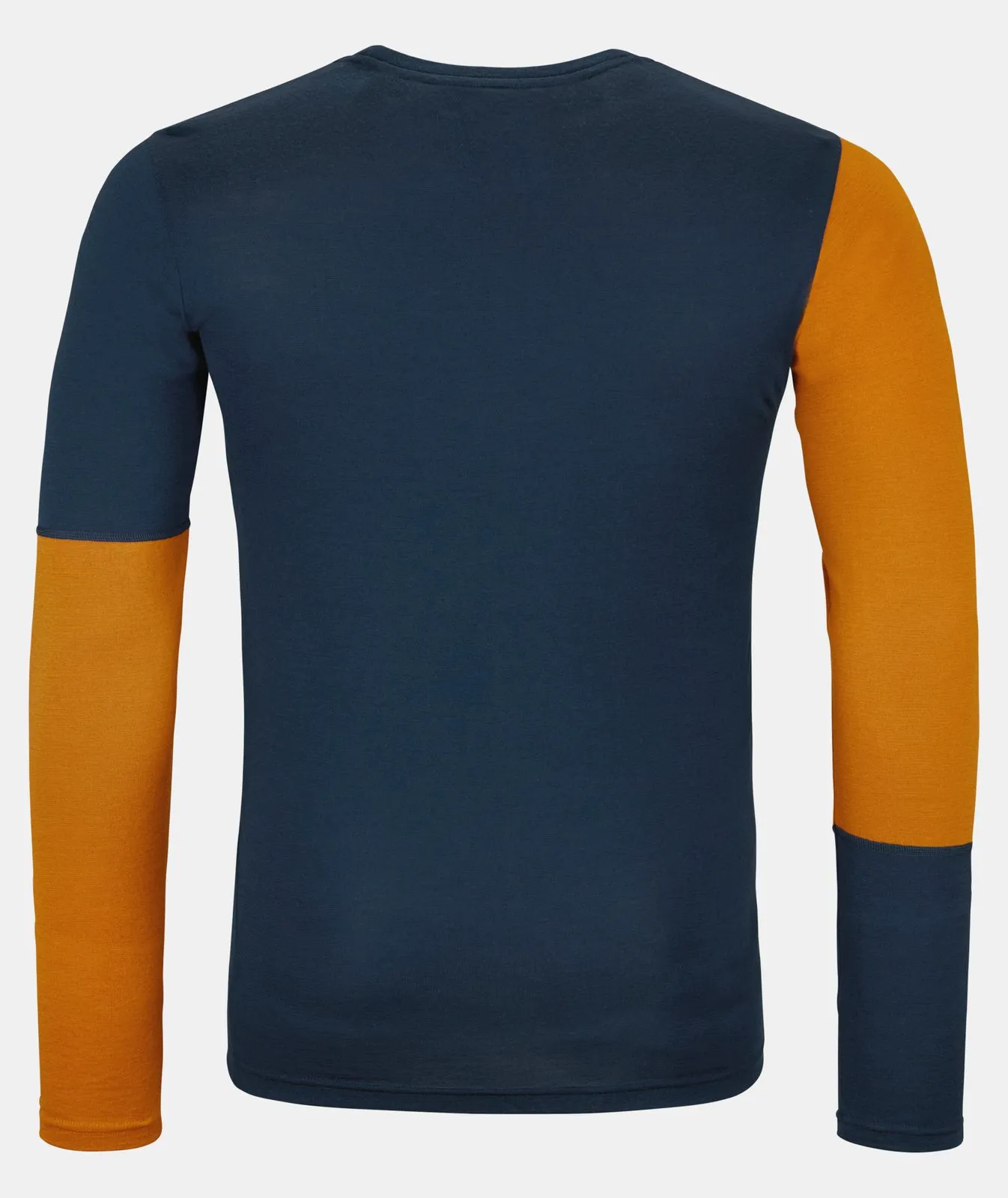 Vista posteriore della Longsleeve Deep Ocean Merino con manica arancione.