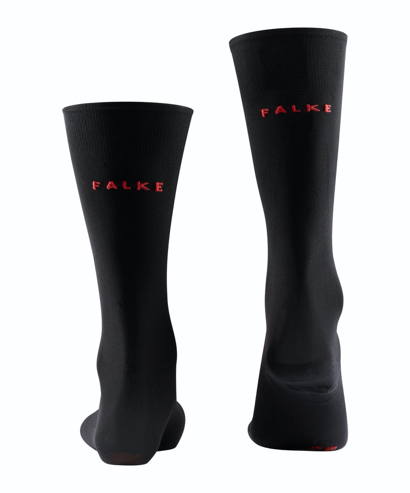 Zwei schwarze Falke SK7 Herren Skiing Kniestrümpfe mit roter Logo Aufschrift.
