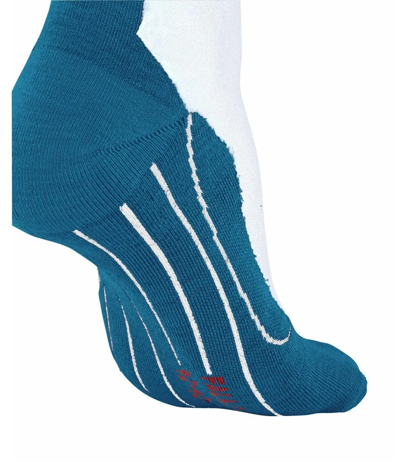 Close-up of a blue and white RU4 men's running sock on the foot, with white stripes.