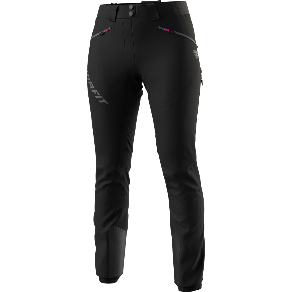 Schwarze Dynafit TLT Touring DST Damen Hose, Frontansicht, mit sichtbarem Logo.