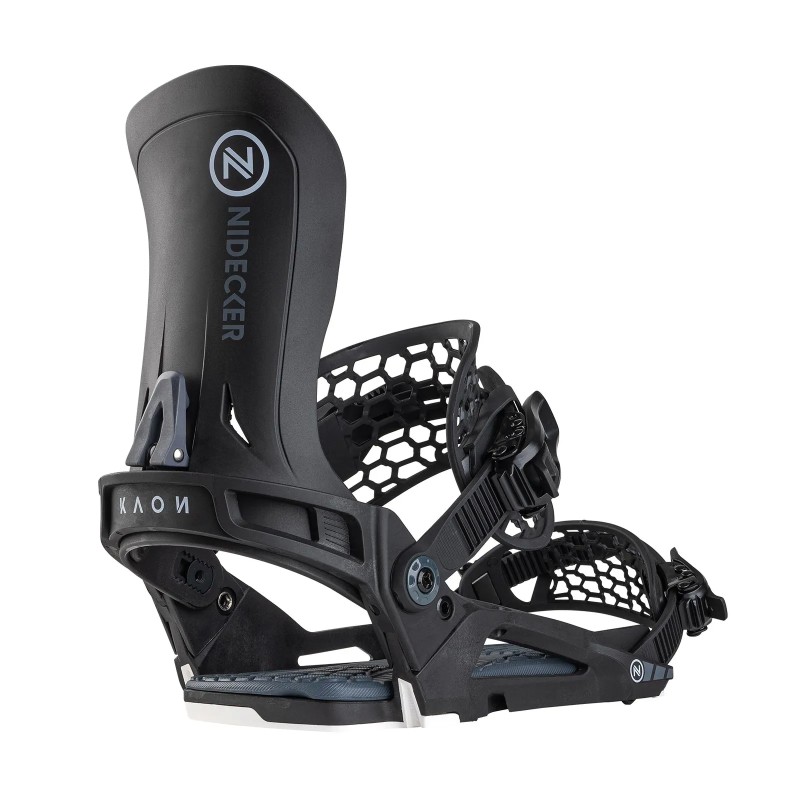 Schwarze Nidecker Bindung Schwarze Nidecker Kaon Plus Snowboardbindung, seitliche Ansicht, mit Highback und AuxTech Straps.