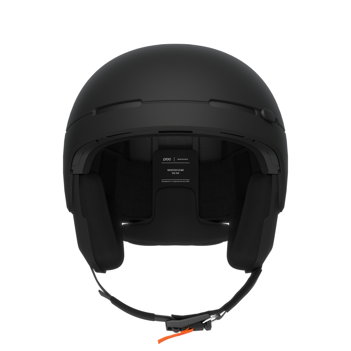 Vue frontale d'un casque de ski noir (Poc Meninx) avec coussinets d'oreille et jugulaire sur un fond blanc.