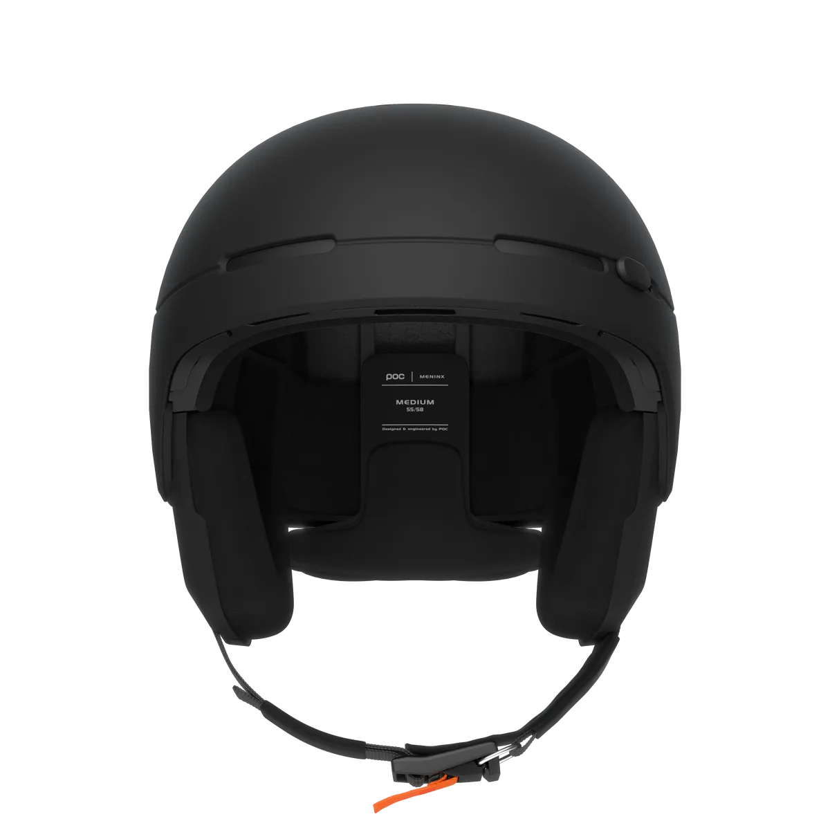 Vista frontale di un casco da sci nero (Poc Meninx) con cuscinetti auricolari e mentoniera su sfondo bianco.