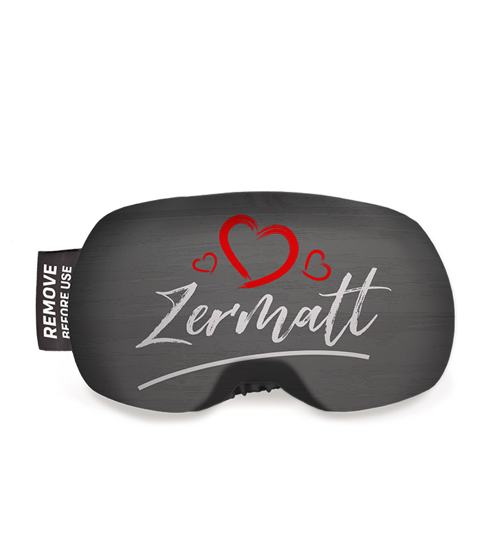Skibrillenschutz Airwing Zermatt in Holzoptik mit Herzen und Schriftzug.