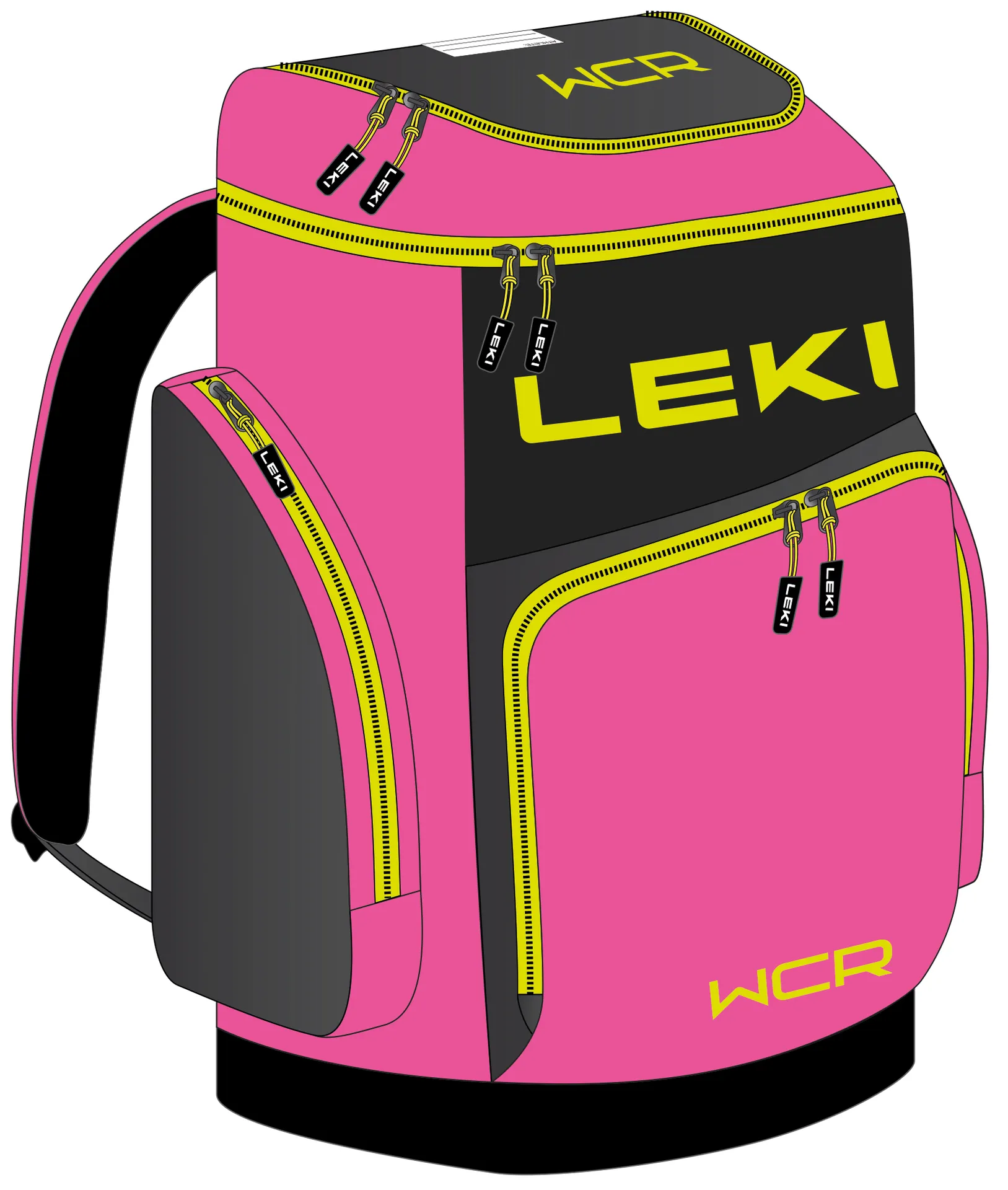 Sac à bottes de ski rose Leki WCR avec des fermetures éclair jaunes et une partie supérieure noire.