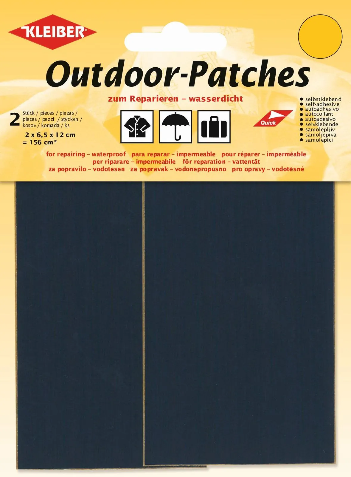 Packaging of waterproof outdoor patches for repairs with pictures of clothing, umbrellas and suitcases.