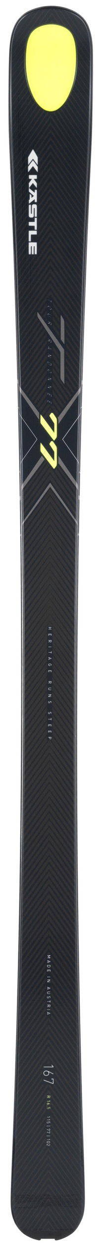 KÄSTLE TX 77 Tourenski Der KÄSTLE TX 77 Tourenski mit Karbon-Muster und gelben Akzenten in der Aufsicht.