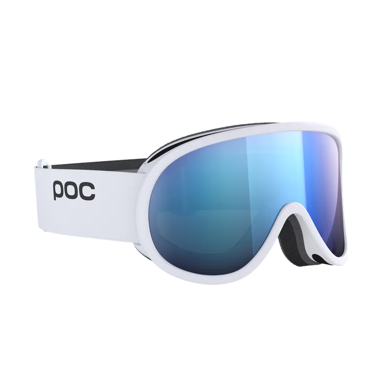 Occhiali da sci POC Retina Mid bianchi con lente cilindrica blu specchiata.