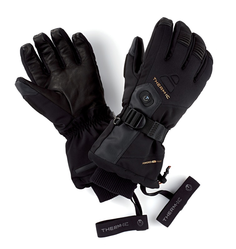 Gants thermiques pour hommes Gants noirs Therm-ic Heat Ultra Glove Men, le gant de gauche montre l'intérieur du cuir, celui de droite l'extérieur avec les éléments de commande.