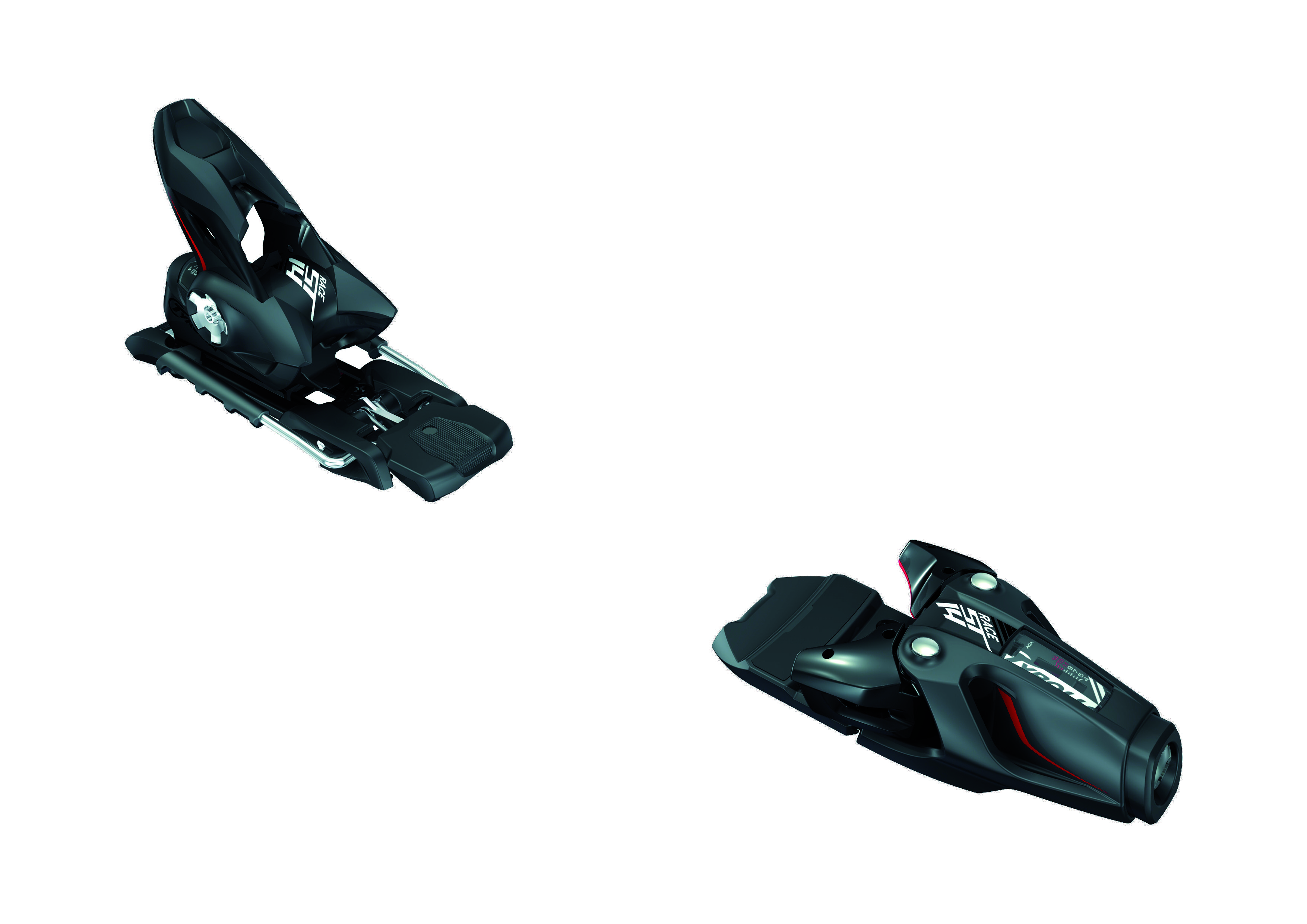 Zwei schwarze Ski Bindungen der Marke Tyrolia, Modell Race ST 14, von schräg oben auf weißem Hintergrund.