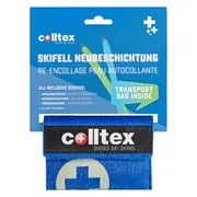 Colltex Skifell Neubeschichtung Verpackung mit Portemonnaie. Blauer Hintergrund, weiße Schrift.