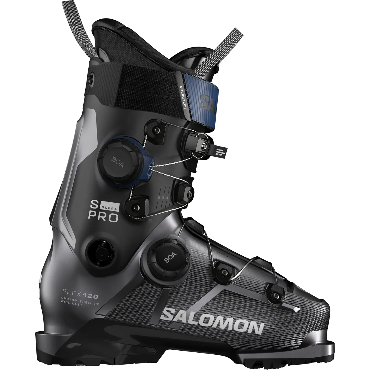 A gray ski boot from Salomon, side view, with BOA twist closures and the lettering "S/SUPRA PRO" and "FLEX 120" on the side.